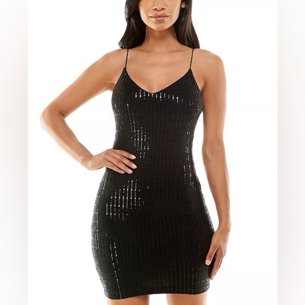 B Darlin NWT Juniors' Bungee-Strap V-Neck Bodycon Dress Elegant Black Sequin